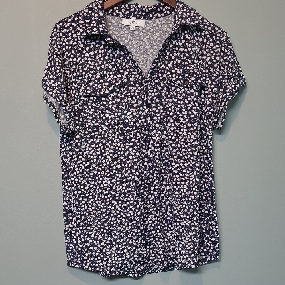Chic Navy and White Floral Top by Anne Klein